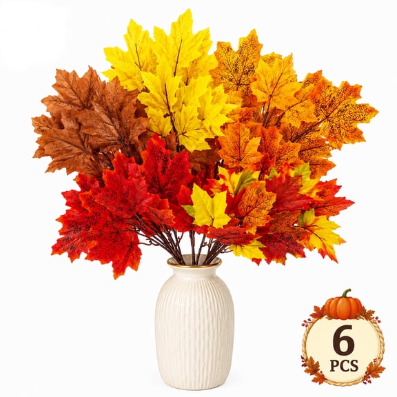 Fall Artificial Maple Leaf Stems, 6 Pcs Faux Fall Branches for Vase, Table Centerpiece Decor for Thanksgiving Autumn Harvest Farmhouse Home Mantel 15.7 Inch