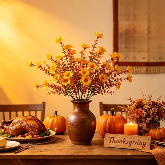 Fall Artificial Orange Flower Bouquet, Plastic Autumn Blooms for Thanksgiving, Halloween & Home Decor