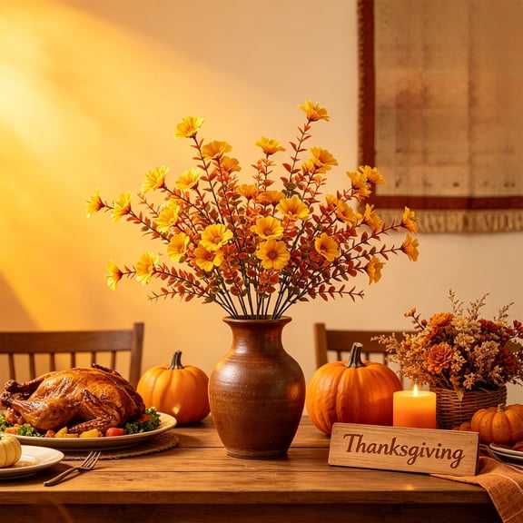Fall Artificial Orange Flower Bouquet, Plastic Autumn Blooms for Thanksgiving, Halloween & Home Decor