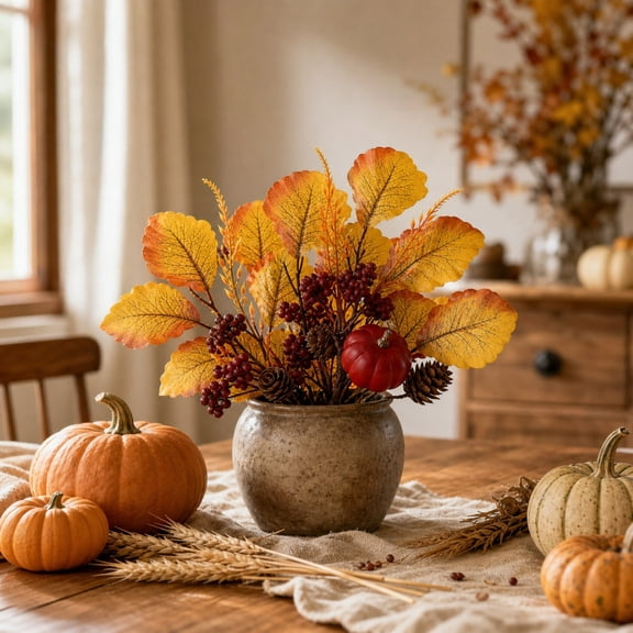 Fall Artificial Ornament, 10 * 2 * 2in Red Maple Leaf Mini Pumpkin Chenille Sticks, Vase Filler, Decor for Dining Table, Fireplace Mantel, Halloween, Harvest Desktop Decoration