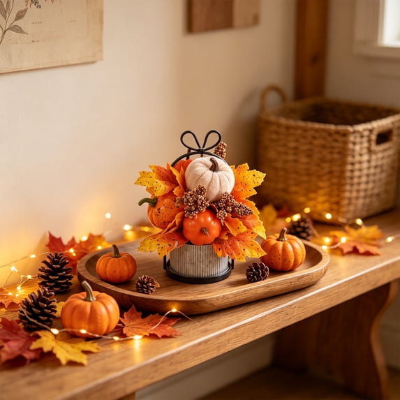 Fall Artificial Pumpkin, Maple Leaf, Berry Arrangement with Metal Basket, Preassembled Floral Centerpiece for Home and Thanksgiving Decor