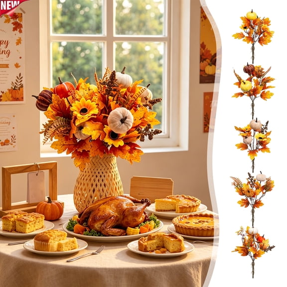 Fall Artificial Pumpkin Maple Leaf Floral Picks 13.4in Faux Fake Harvest Stems with Mini Gourds, Bendable Plastic Autumn Branches, Farmhouse Indoor Table Thanksgiving Home Decor Vase Filler Gift