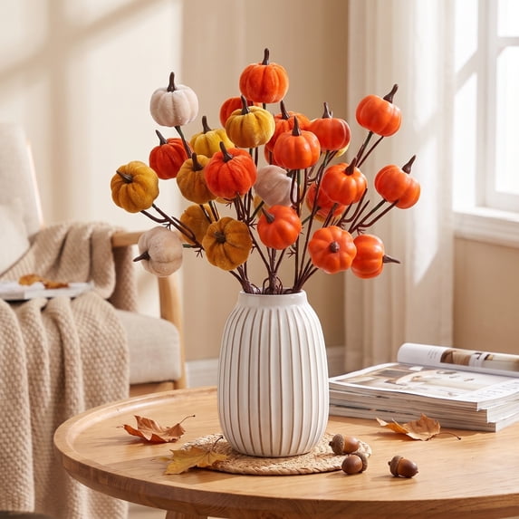 Fall Artificial Pumpkin Picks Flocked Pumpkin Stems for Floral Arrangements Autumn Fall Branches for Vase Home Thanksgiving Table Centerpiece Decoration A
