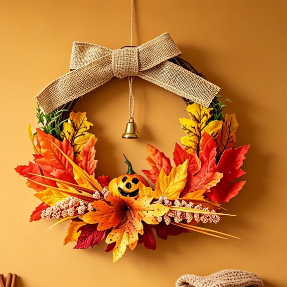 Fall Artificial Pumpkin Wreath, Maple Leaf Burlap Bow Front Door Hanging Wreath Autumn Harvest Wall Window Decor