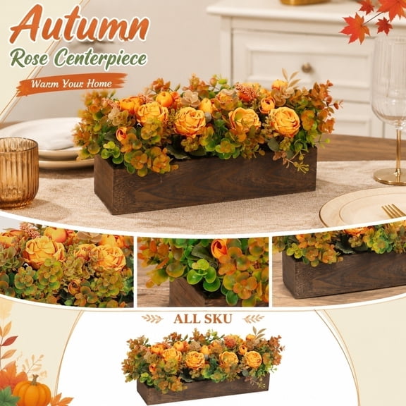 Fall Artificial Rose Flower Centerpiece Fabric Faux Floral Arrangement Dust Proof Fade Resistant Home Decor for Dining Table Coffee Table and Fireplace Mantle