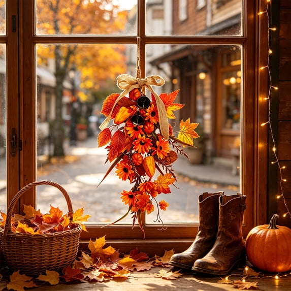 Fall Artificial Teardrop Swag 18.89In Autumn Front Door Hanging Decor with Sunflowers Maple Leaves Pumpkins Burlap Bow Harvest Door Swag for Porch Window Thanksgiving Decor