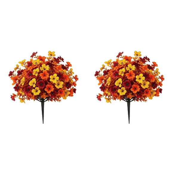 Fall Artificial Topiary Ball Flowers Mums Plants Tree,7.87 Inch Outdoor Artificial Flowers with Spike,Fake Plants Boxwood Faux Bushes Flowers Fall Decorations for Porch Garden Yard Patio,Orange-2PCS