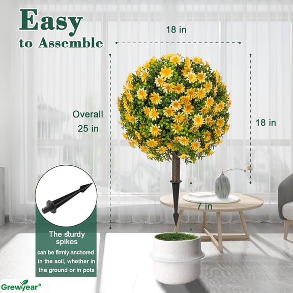 Fall Artificial Topiary Ball with Spike Set of 2, Faux Boxwoods for Outdoor Planters,  Resistant Artificial Outdoor Plants for Porch, Fake Bushes Round Shrub with Orange Yellow Flower