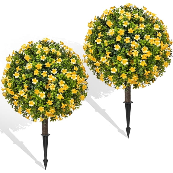 "Fall Artificial Topiary Ball Trees with Spike Set of 2, Fall Faux Boxwood Plants for Outdoor Planters, UV Resistant Artificial Outdoor Shrubs, Fake Bushes for Porch, Garden, Patio Decor