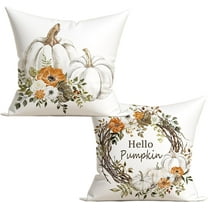 Fall Autumn Decorations Pumpkin Throw Pillows Cover 18x18 Set of 2 Grey White Pumpkins Orange Flowers Thanksgiving Harvest Pillow Covers Outdoor Decorative Pillow Cases for Bedroom Couch Sofa Decor