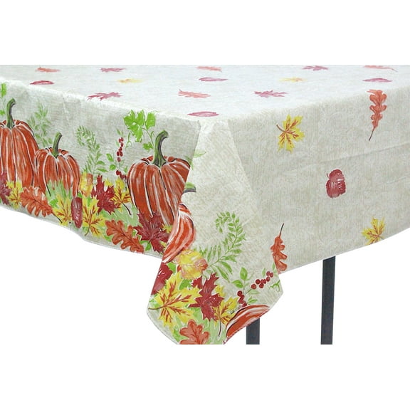 Fall Autumn Flannel Back Vinyl Tablecloth: Watercolor Sketch of Leaves and Pumpkins Border, Beige Ornate Distressed Background