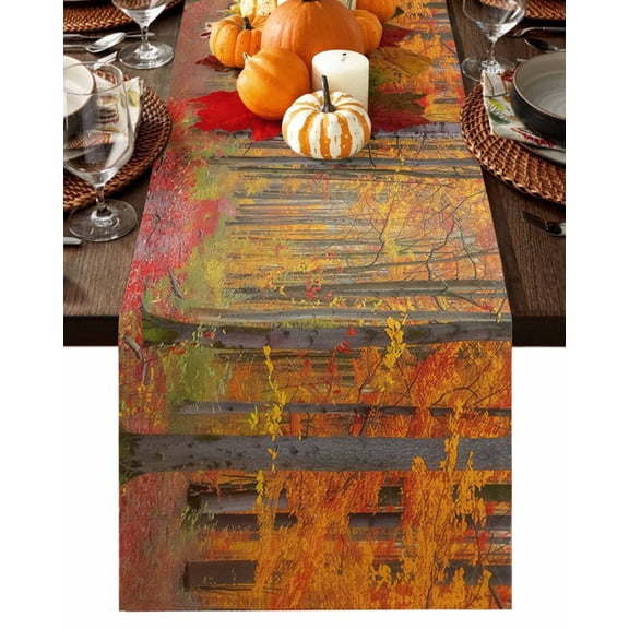 Fall Autumn Forest Table Runner-Cotton Linen- 72 Inch Holiday Dresser Scarves, High Tree Narrow Path Red Orange Tablerunner for Kitchen Coffee/Dining Bedroom Home Living Room Dinner Scarf Décor 18x72