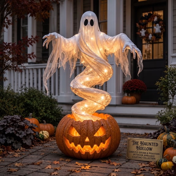 Fall Autumn Garden Lawn Ornament, Swirling Ghost Pumpkin Yard Lamp, Lighted Spooky Ghost Statue, Warm LED Halloween Decorations Outdoor