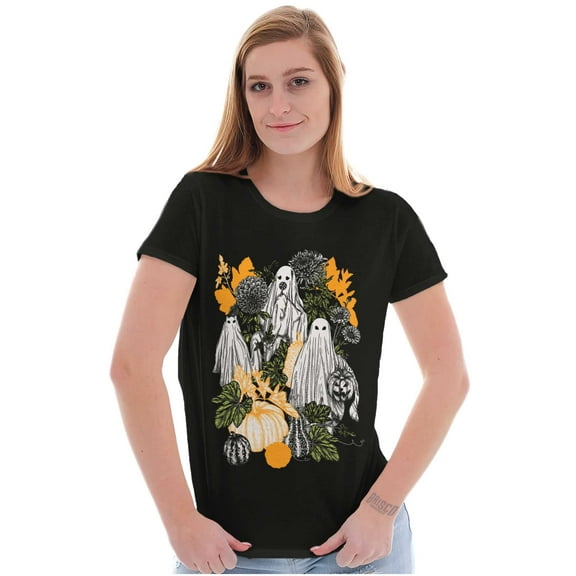 Fall Autumn Ghosts and Pumpkins Womens Slim Fit Graphic Tee Brisco Brands S