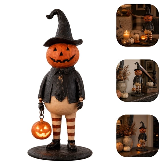 Fall Autumn Halloween Tabletop Decor, Lighted Pumpkin Head Witch Figurine,Lantern Statue for Home Mantel Shelf Display