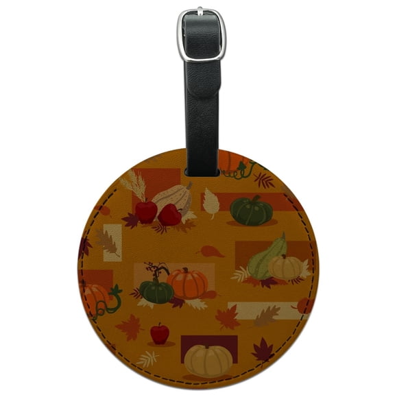 Fall Autumn Harvest Pumpkin and Squash pattern Round Leather Luggage Card Suitcase Carry-On ID Tag