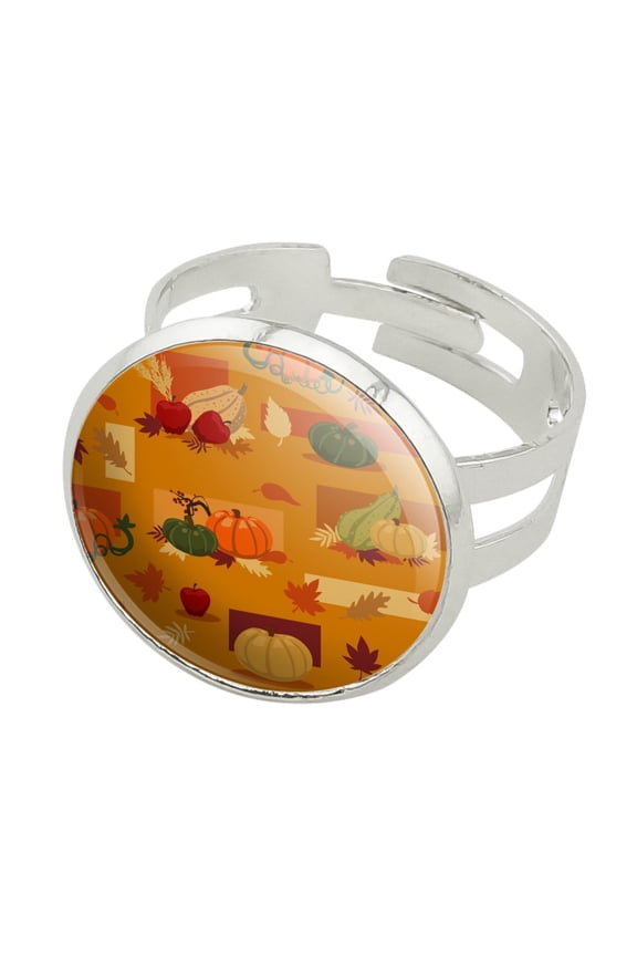 Fall Autumn Harvest Pumpkin and Squash pattern Silver Plated Adjustable Novelty Ring