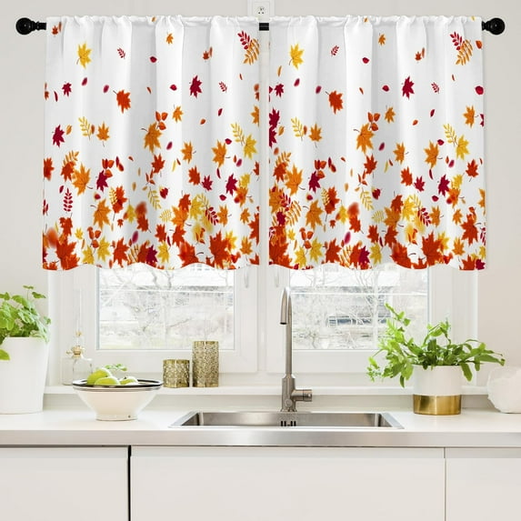 Fall Autumn Kitchen Curtains Sets for Windows Over Sink Orange Maple Leaves Short Curtain for Small Bathroom Window Thanksgiving Harvest Leaf Half Treatment Tier Drapes for Cafe Bathroom 26x24 Inch