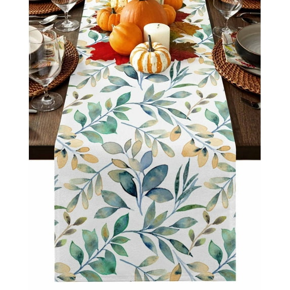 Fall Autumn Leaves Table Runner-Cotton Linen- 36 Inch Holiday Dresser Scarves, Green Blue Vintage Pastoral Plant Tablerunner for Kitchen Coffee/Dining Bedroom Living Room Dinner Scarf Décor 13x36