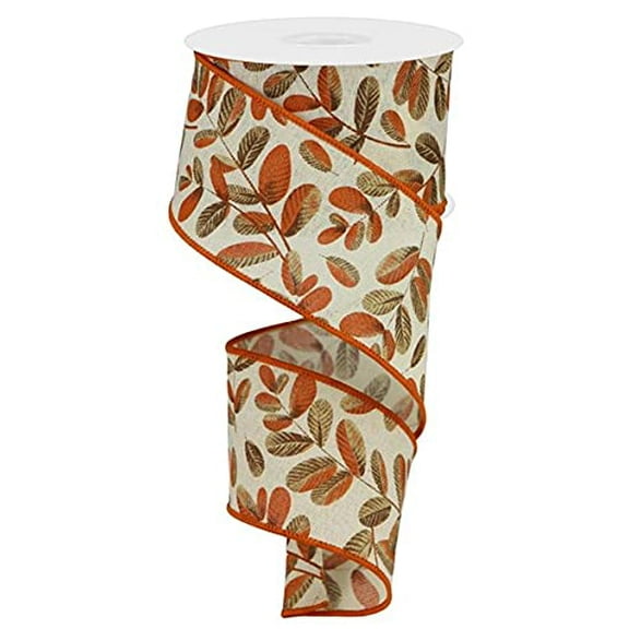 Fall Autumn Leaves Thanksgiving Wired Edge Ribbon, 2.5 Inches x 10 yards, Cream, Dark Brown, Light Beige, Dark Orange