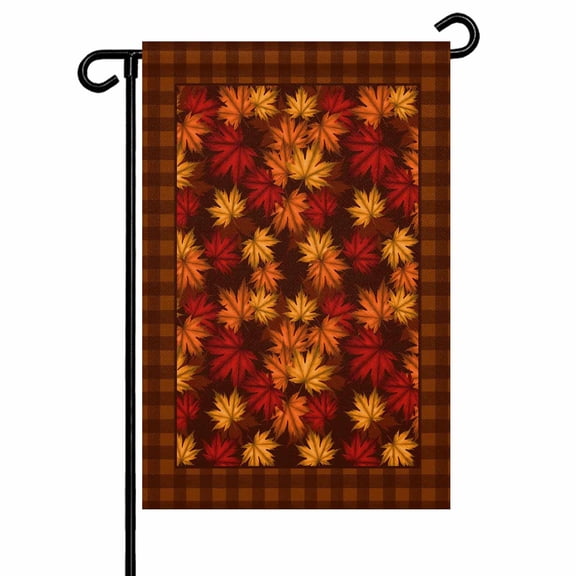 Fall Autumn Maple Leaf Garden Flags for Outside Thanksgiving Orange Brown Plaid Double Sided Yard Flags Outdoor House Decoration, Small 12X18 Inch,