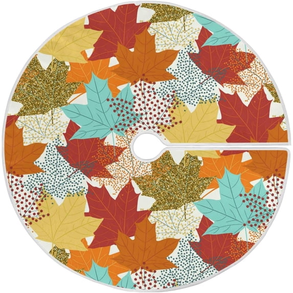 Fall Autumn Maple Leaves Christmas Tree Skirt Decorations Pumpkin Thankful Grateful Thanksgiving Day Xmas Tree Mat 48 inch for Holiday Party Supplies Rustic Large Christmas Tree Skirt
