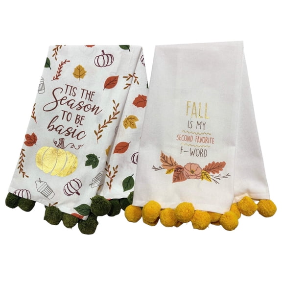 Fall / Autumn Oversized Hand Towels with Pom Pom with Sentiment Fall is My Second Favorite F Word amp; TIS The Season to Be Basic, Set of 2 Size: 18" x 26"