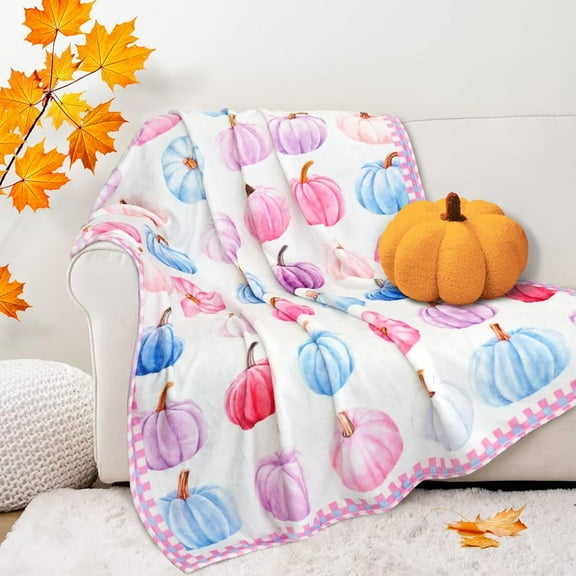 Fall Autumn Pumpkin Throw Blanket, Soft Pink Cozy Decorative Thanksgiving Blanket for Couch, Bed, Chair, 60" x 50"