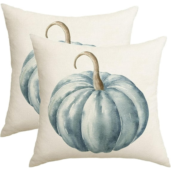 Fall Autumn Pumpkin Throw Pillow Covers 16x16 Set of 2 Outdoor Teal Blue Watercolor Pumpkins Pillows Cover Thanksgiving Farmhouse Linen Decorative Cushion Case for Couch Bed Decor