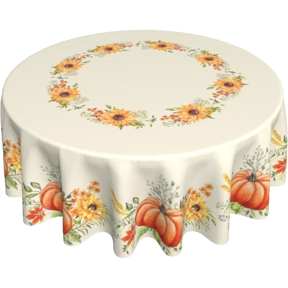 Fall Autumn Round Tablecloth 60Inch Pumpkin Sunflower Circle Reusable Heat Resistant Washable Table Cloth Cover for Kitchen Dining Seasonal Holiday Farmhouse Decor