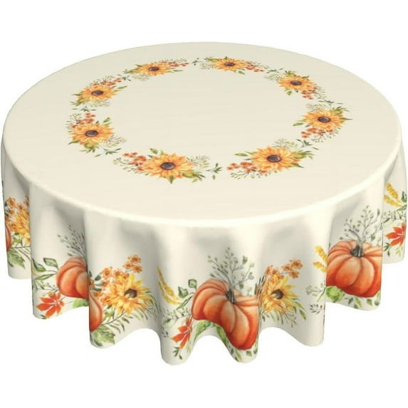 Fall Autumn Round Tablecloth 60Inch Pumpkin Sunflower Circle Reusable Heat Resistant Washable Table Cloth Cover for Kitchen Dining Seasonal Holiday Farmhouse Decor
