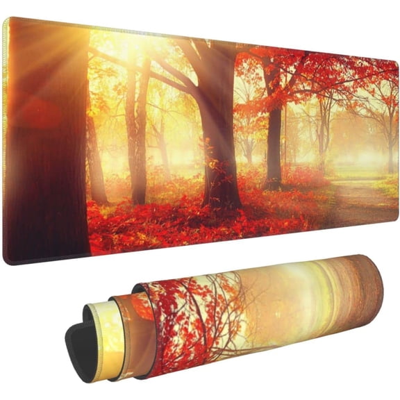 Fall Autumn Rustic Wood Yellow Forest Sunset Red Leaves Mouse Pad XL Extended Desk Mat, Non Slip Rubber Base Stitched Edge Gaming Pc Desktop Large Mice Pad,31.5 x 11.8 Inch