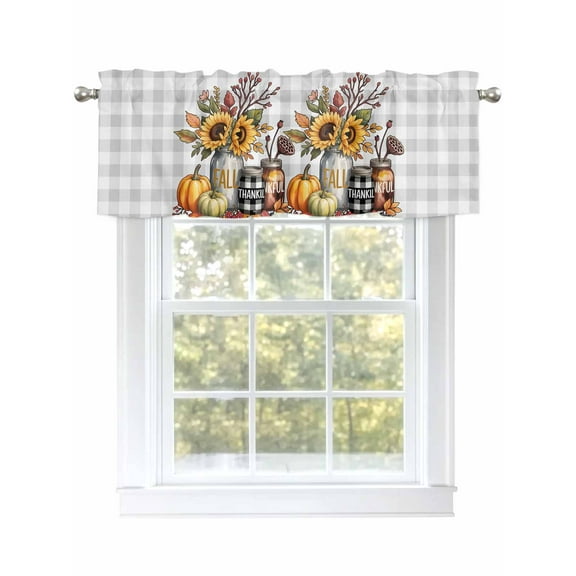 Fall Autumn Valances for Windows, Rod Pocket Kitchen Valance Curtains - Soft & Washable Small Window Treatment for Living Room,&nbsp;Bathroom, Thanksgiving Pumpkin Flowers Vase , 42x12 Inch, 1 Panel