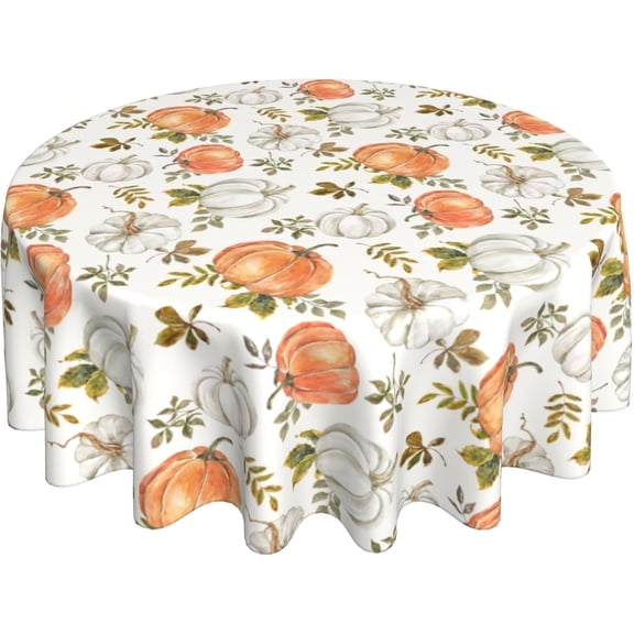 Fall Autumn White Pumpkin Round Tablecloth 60 Inch Thanksgiving Orange Grey Pumpkins Table Cloth Harvest Reusable Circle Table Cover Clothes for Dining Room Kitchen Picnic Party Outdoor Decor
