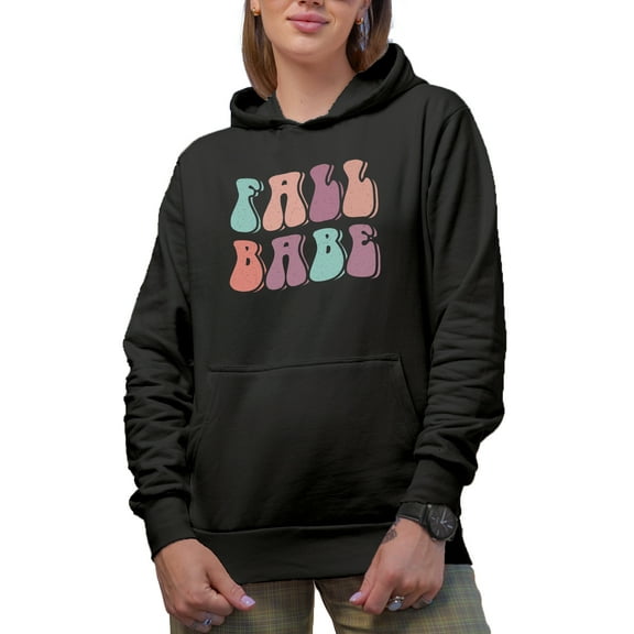Fall Babe, Autumn Season Themed, Groovy Retro Wavy Text Merch Gift, Black Hooded Sweatshirt or Hoodie, Small