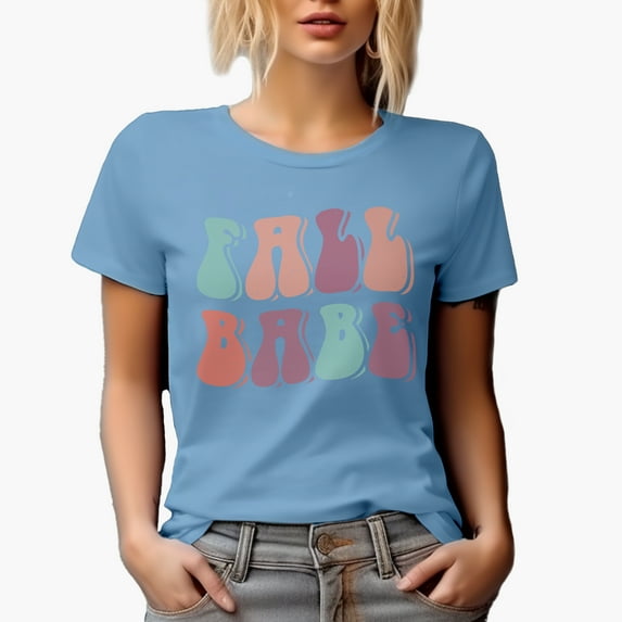 Fall Babe, Autumn Themed, Groovy Retro Wavy Text Merch Gift, Baby Blue T-Shirt, Large