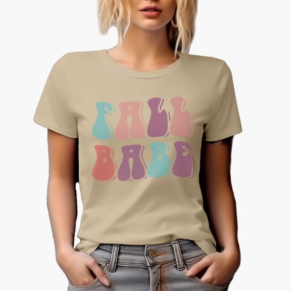 Fall Babe, Autumn Themed, Groovy Retro Wavy Text Merch Gift, Tan T-Shirt, XL