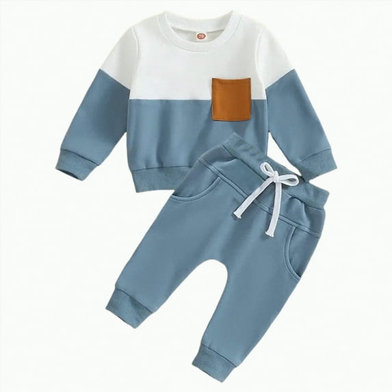 Fall Baby Boy Clothes Boys Autumn Winter Color Block Long Sleeve Pocket 6M 9M 12M 2T 3T 4T Sweatshirt and Elastic Waistband Sweatpants 2 Pcs