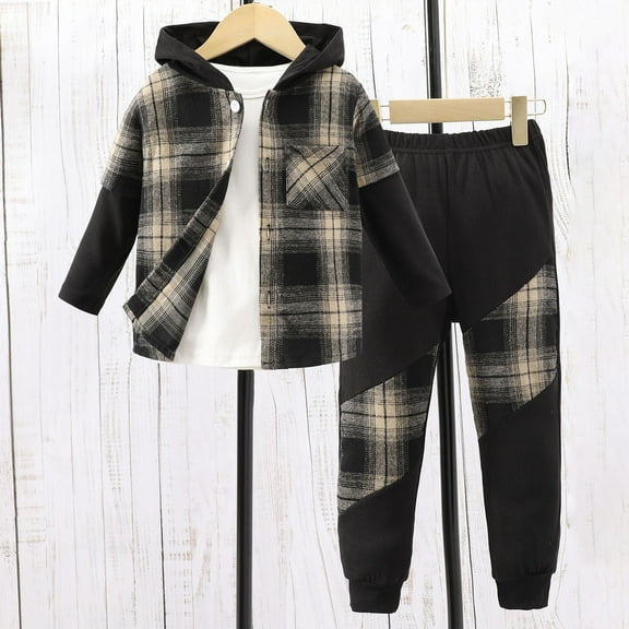 Fall Baby Boy Clothes Size 3T Size 3-7 Years Toddler Boys Clothes Plaid Hooded & Pants 2 Piece Set Kids Boys Fall Outfits Sets