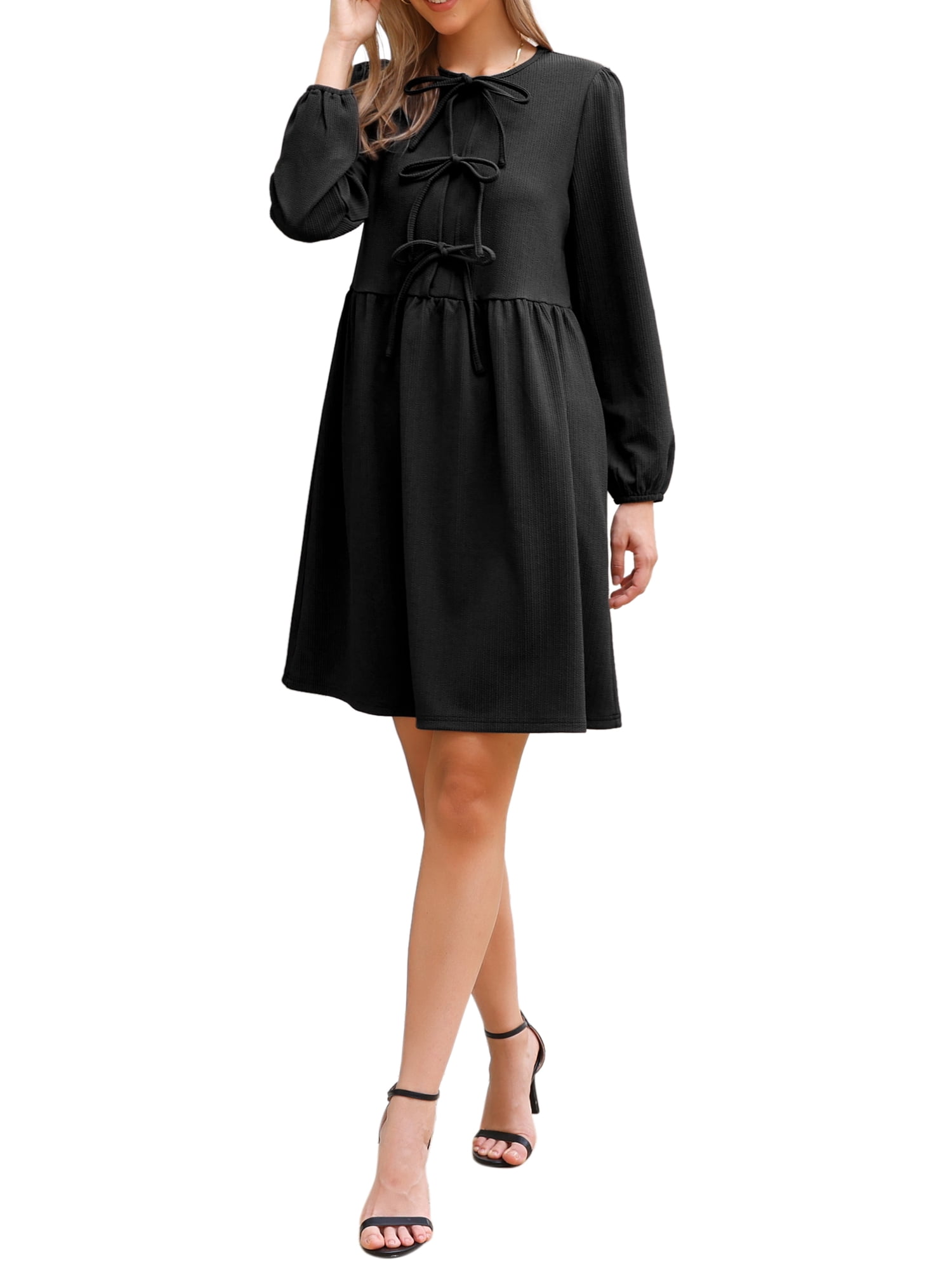 Inspire Chic Women's Dress Fall Babydoll Casual Long Sleeve Front Bow Tie Cute Tunic Dresses XS Black Inspire Chic Women's Dress Fall Babydoll Casual Long Sleeve Front Bow Tie Cute Tunic Dresses XS Black