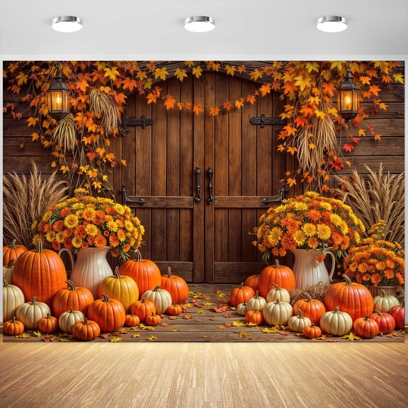 Fall Backdrop - Autumn Maple Leaves Pumpkin Floral Rustic Brown Barn Door Photo Backdrop Photography Background for Thanksgiving Harvest Party & Portrait Photo Decorations 7X5ft
