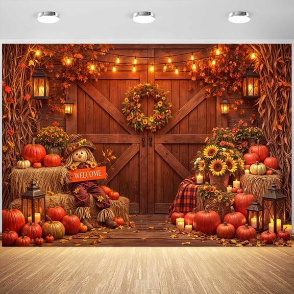 Fall Backdrop Autumn Pumpkin Rustic Barn Door Harvest Decor, Maple Leaves Thanksgiving Photoshoot Background with Wooden Floor for Family Holiday Portrait Photo Studio Props 5X3 ft