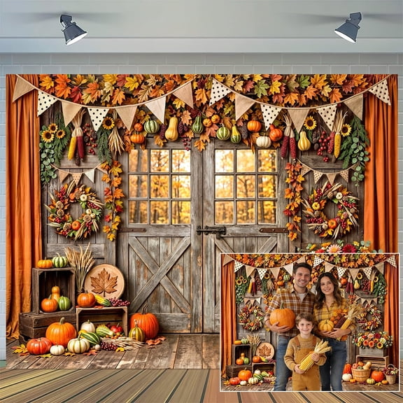 Fall Backdrop Barn Door Maple Leaves Pumpkin Design - Autumn Thanksgiving Harvest Friendsgiving & Birthday Party Decorations, 7x5ft