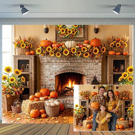 Fall Backdrop Fall Thanksgiving Fireplace Harvest Pumpkins Maple Leaves Sunflower Background Rustic Friendsgiving Autumn Family Party Decorations Backdrop Photo Props Supplies, 5x3ft