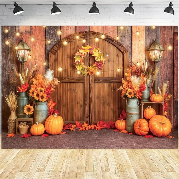 Fall Backdrop Rustic Barn Wooden Door Pumpkin Photography Background Maple Leaves Garland Thanksgiving Harvest Fall Festival Party Decorations Banner Supplies Photo Booth Props