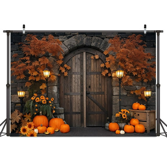 Fall Background Thanksgiving Pumpkin Backdrop Ancient Gate Photograph Backdrop Sunflowers Maple Trees Street Lights Photography Props 5X3FT