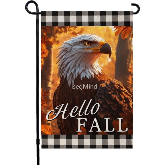 Fall Bald Eagle Garden Flag Double Sided Burlap 12x18 Inch Autumn Seasonal Thanksgiving Buffalo Plaid Check Small Flag