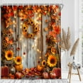 thumbnail image 1 of Fall Barn Door Shower Curtain, Pumpkin Maple Leaves Thanksgiving Harvest Autumn Farmhouse Bathroom Curtains, Rustic Sunflower Country Wooden Bathroom Accessories Set with Hooks, 72x72IN, 1 of 6