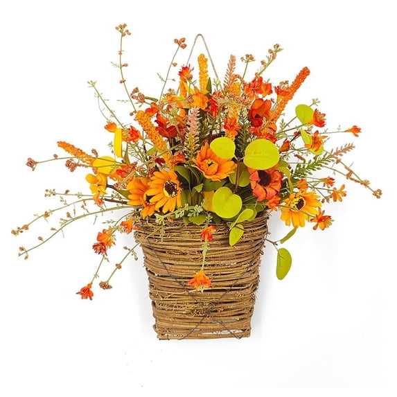Fall Basket Door Wreath, Artificial Autumn Floral Arrangement, Harvest Hanging Basket Decor, Outdoor Fall Flowers Basket, Faux Sunflower Wall Bouquet in Wicker Baskets for Front Door