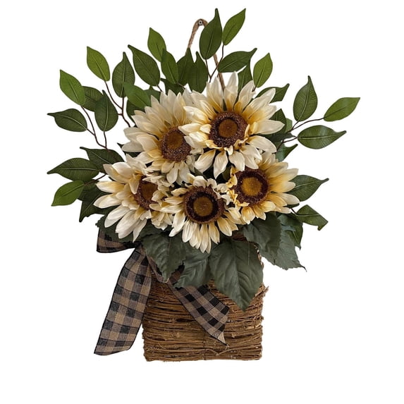 Fall Basket Door Wreath, Artificial Autumn Floral Arrangement, Thanksgiving Hanging Basket Decor, Harvest Farmhouse Decor, Fall Flowers Basket, Faux Sunflower Wall Bouquet in Wicker Baskets